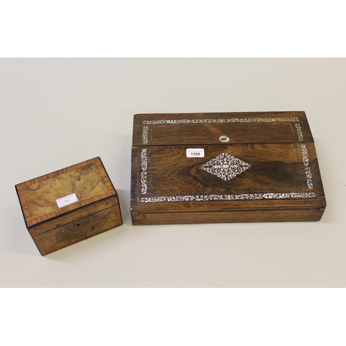 1598 - 19th Century rosewood and mother of pearl inlaid writing slope, 40cm wide together with a small waln... 