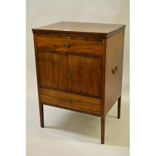 George III mahogany and inlaid washstand with a hinged cover, above two doors and drawer below, 60 x 45 x 85cm high