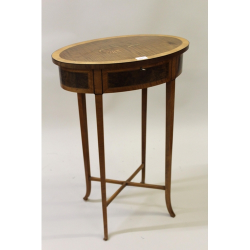 1621 - Edwardian mahogany marquetry floral inlaid and satinwood crossbanded oval work table, the hinged lid... 