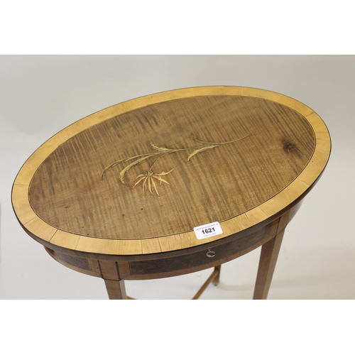 1621 - Edwardian mahogany marquetry floral inlaid and satinwood crossbanded oval work table, the hinged lid... 