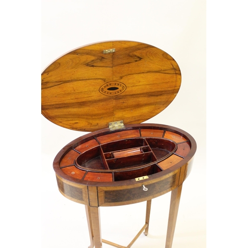 1621 - Edwardian mahogany marquetry floral inlaid and satinwood crossbanded oval work table, the hinged lid... 