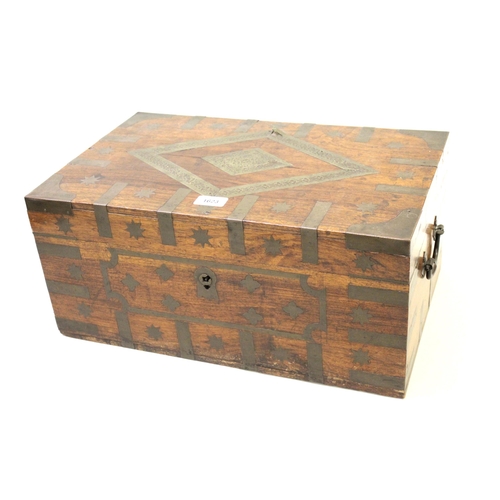 1623 - 19th Century Anglo Indian rectangular hardwood brassbound and inlaid box with hinged cover and part ... 