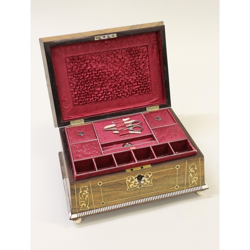 1627 - Regency rosewood ivory mounted and inlaid sewing box, the hinged lid enclosing a fitted interior wit... 