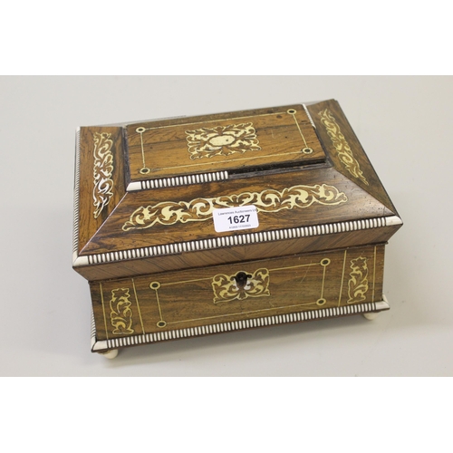 1627 - Regency rosewood ivory mounted and inlaid sewing box, the hinged lid enclosing a fitted interior wit... 