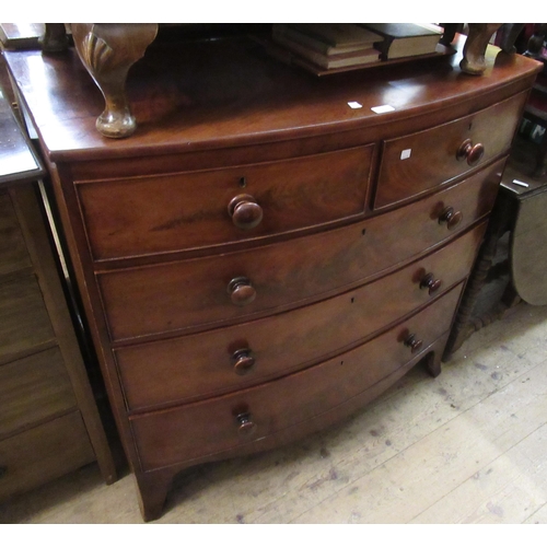 1631 - 19th Century mahogany bow front chest of two short and three long drawers with knob handles and spla... 