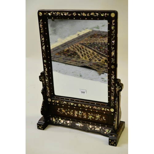 1636 - Chinese hardwood and mother of pearl inlaid rectangular table mirror on stand, 59cm high