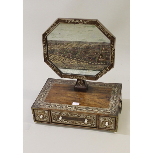 1637 - 19th Century Indo European hardwood and ivory inlaid toilet mirror, the adjustable octagonal plate a... 