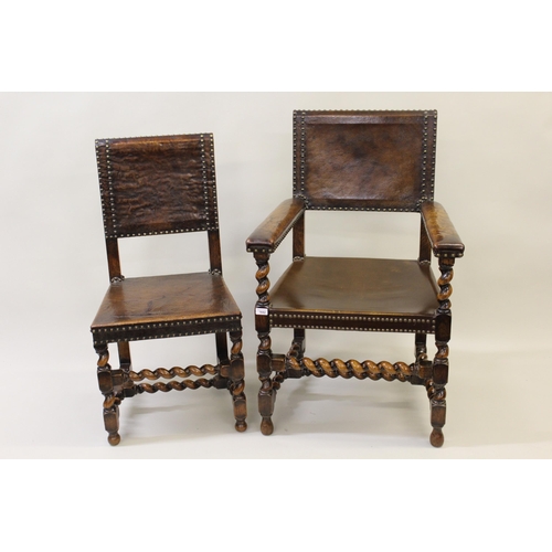 1642 - Set of eight (six plus two) early 20th Century oak dining chairs in 17th Century style, the leather ... 