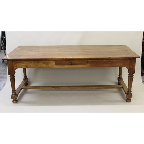 1649 - 19th Century French fruitwood farmhouse table, the plank top above a plain frieze with single drawer... 