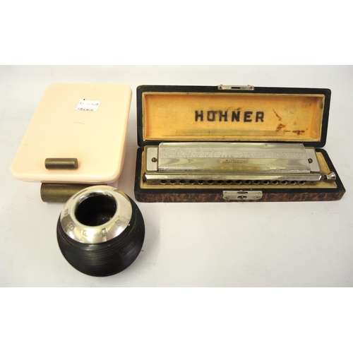 179 - Cased Hohner 64 Chromonica in fitted case, together with a silver mounted turned wooden match strike... 