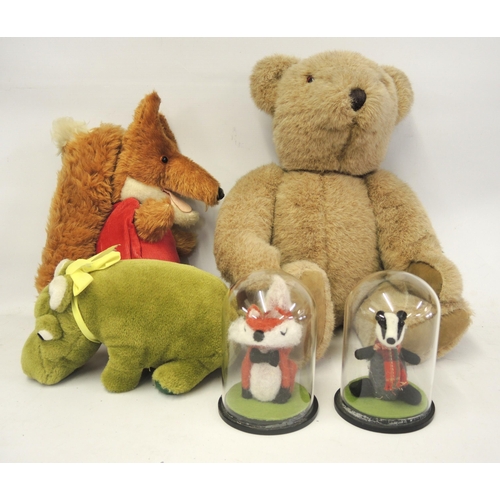 232 - Wendy Boston soft toy, Basil Brush, a Merrythought musical bear and two other animals under glass do... 