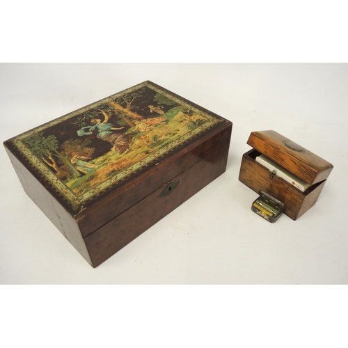 235 - Pine workbox decorated with figures, miniature ladies safety razor, a carved box and an oak fire scr... 