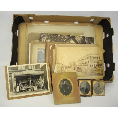 Quantity of Victorian and later photographs, butcher's shop front and traction engines, cricketers and other scenes