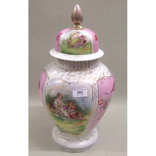Large Dresden style baluster form vase and cover having floral decoration and panels of figures, 44cm high (small crack to rim)