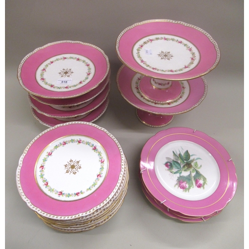 19th Century English dessert service with floral decoration and pink border