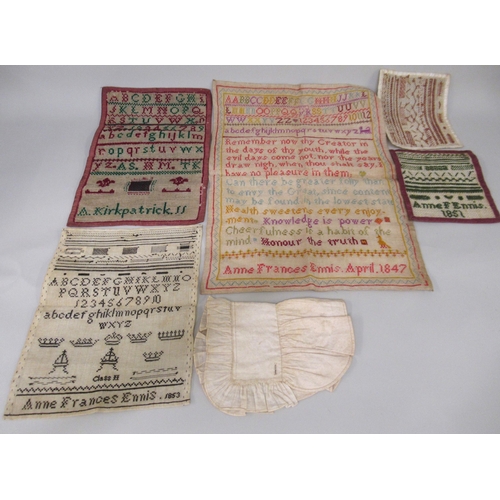 73 - Unframed Victorian sampler signed Anne Francis Ennis, April 1847, 40 x 30cm approximately, together ... 