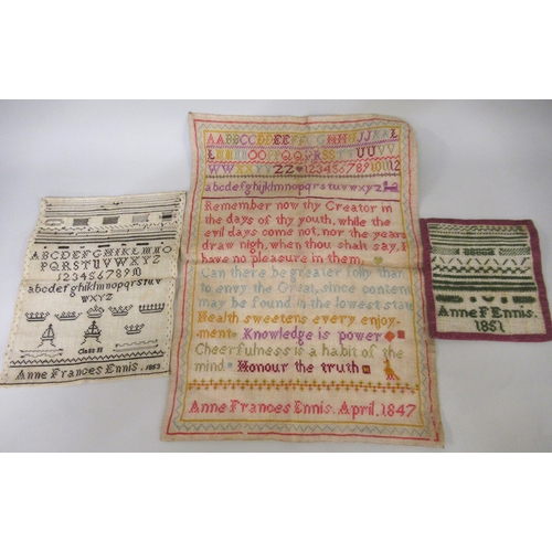 73 - Unframed Victorian sampler signed Anne Francis Ennis, April 1847, 40 x 30cm approximately, together ... 