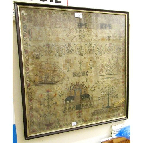 74 - Early 19th Century pictorial sampler worked by Isabel Grub, aged 9, dated 1816, embroidered with var... 