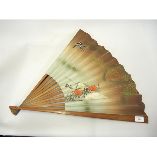 80 - Large Chinese bamboo and hand painted paper fan decorated with flowers, storks and a swallow, 60cm l... 