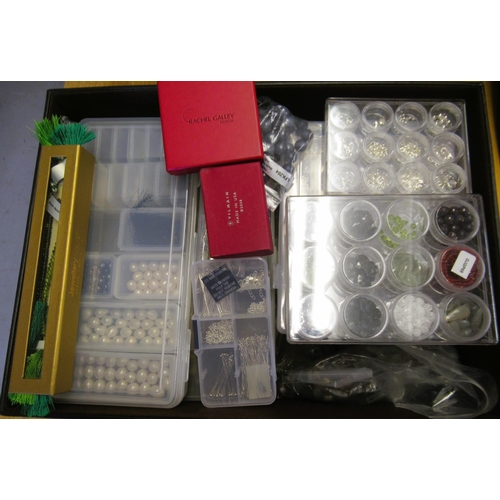 Three containers of various jewellery making equipment including jemstones, silver clasps and beads, together with a large quantity of tool kits, boxes and accessories