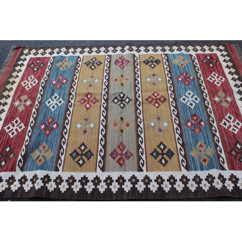 9 - Modern Kelim rug with a horizontal banded design in shades of green, yellow, blue and red, 234 x 161... 