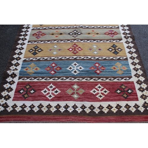 9 - Modern Kelim rug with a horizontal banded design in shades of green, yellow, blue and red, 234 x 161... 