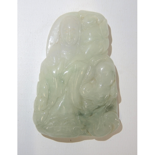 91 - Small 20th Century carved pale green jade pendant in the form of two figures, 7cm high