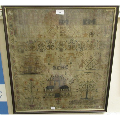 74 - Early 19th Century pictorial sampler worked by Isabel Grub, aged 9, dated 1816, embroidered with var... 