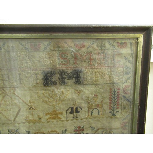 74 - Early 19th Century pictorial sampler worked by Isabel Grub, aged 9, dated 1816, embroidered with var... 