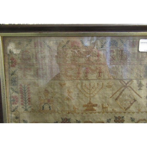 74 - Early 19th Century pictorial sampler worked by Isabel Grub, aged 9, dated 1816, embroidered with var... 