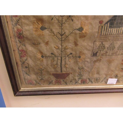 74 - Early 19th Century pictorial sampler worked by Isabel Grub, aged 9, dated 1816, embroidered with var... 