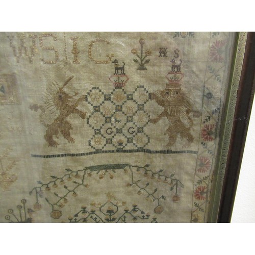 74 - Early 19th Century pictorial sampler worked by Isabel Grub, aged 9, dated 1816, embroidered with var... 