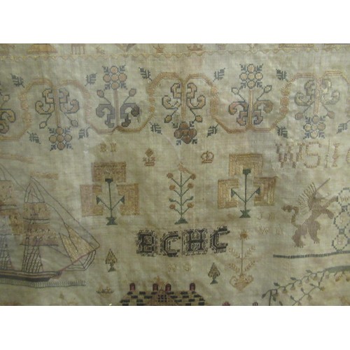 74 - Early 19th Century pictorial sampler worked by Isabel Grub, aged 9, dated 1816, embroidered with var... 