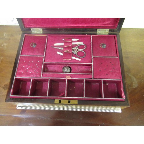 1627 - Regency rosewood ivory mounted and inlaid sewing box, the hinged lid enclosing a fitted interior wit... 