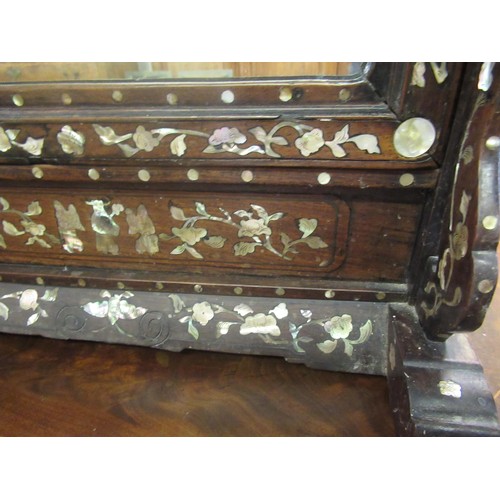 1636 - Chinese hardwood and mother of pearl inlaid rectangular table mirror on stand, 59cm high