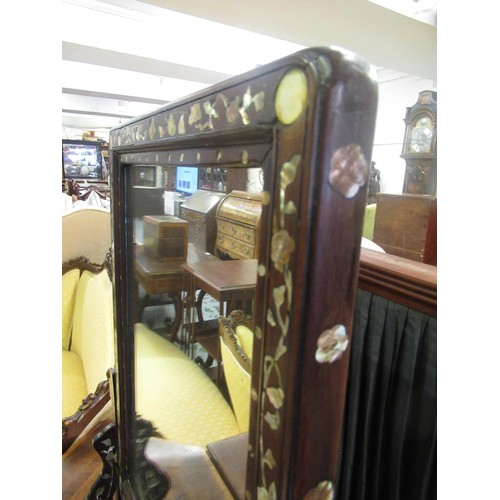 1636 - Chinese hardwood and mother of pearl inlaid rectangular table mirror on stand, 59cm high