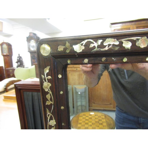 1636 - Chinese hardwood and mother of pearl inlaid rectangular table mirror on stand, 59cm high