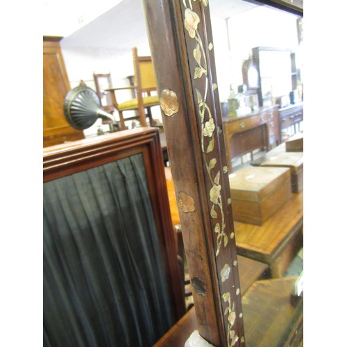 1636 - Chinese hardwood and mother of pearl inlaid rectangular table mirror on stand, 59cm high