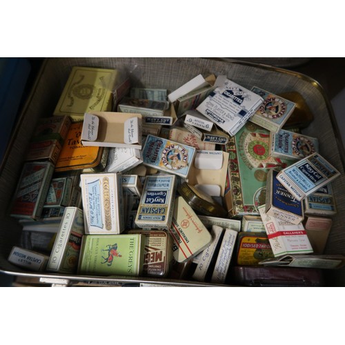 262 - Collection of various pre-war tins and packets, largely tobacco related, in a BEA approved underseat... 