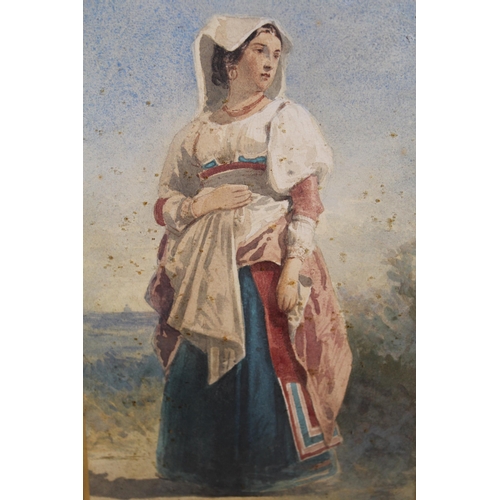 Attributed to E. Lundgren, 19th Century Continental watercolour, full length portrait of a lady in traditional dress, inscribed to the mount, gilt framed, bearing Leggatt Brothers label verso, 26 x 16cm