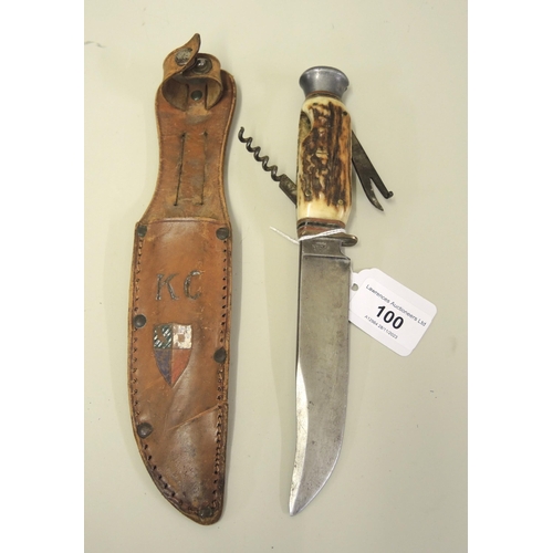 100 - Small Continental hunting knife by Fagan, the stag horn grip incorporating corkscrew etc. with the o... 