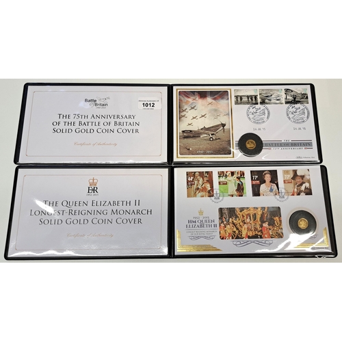 Battle of Britain 75th anniversary gold proof coin and cover in case, together with another for Queen Elizabeth II, both by the Jubilee Mint