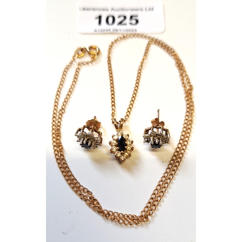 1025 - 9ct Gold blue and white stone pendant on a 9ct gold chain, together with a pair of 9ct gold diamond ... 