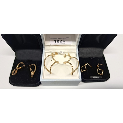 1026 - Three pairs of 9ct gold drop earrings, 4.7g