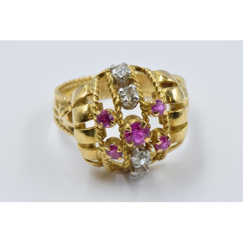 1036 - Mid 20th Century 18ct yellow gold cocktail ring set rubies and diamonds, size N, 6.3g