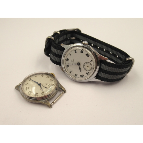 1044 - Small steel cased Omega wristwatch with enamel dial, having subsidiary seconds (lacking hand) with l... 