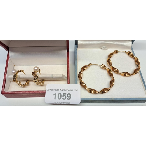 1059 - Pair of large 9ct gold hoop earrings, 5.3g, together with a pair of 9ct gold cultured pearl set earr... 