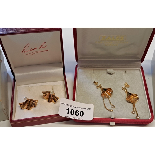 1060 - Two pairs of 9ct gold fan shaped earrings, one set with cultured pearls, the other with white stone ... 