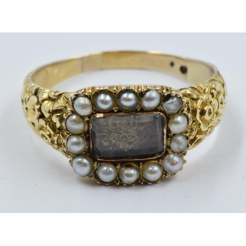 1074 - 19th Century gold memorial ring with hairwork panel surrounded by seed pearls, inscribed ' Jack ' (w... 