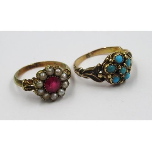 1075 - Victorian gold ring set turquoise, size M, 3g together with a Victorian pink stone and seed pearl cl... 